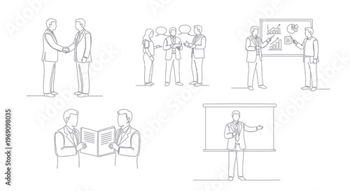 Business Meeting Line Art: Handshake, Discussion, Presentation, Training