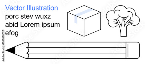 Education, creativity, design tools, environmental awareness, minimalism, abstract concepts. Black pencil, tree cube and text in a clean layout. Creativity and education concepts