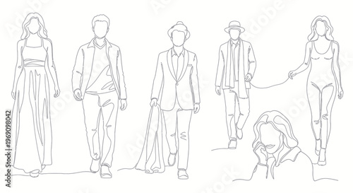 Fashion Line Art: Models on Catwalk, Stylish People, Minimalist Drawing