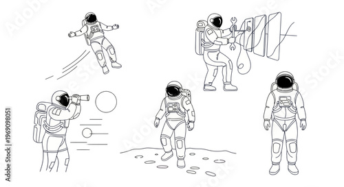Astronauts in Space - Line Art of Spacemen in Various Poses