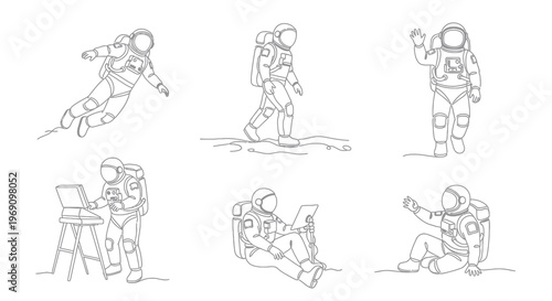 Astronauts in Space Line Art: Six Poses for Science and Exploration