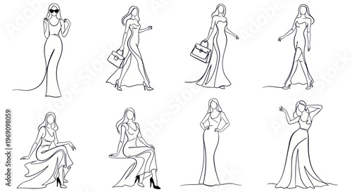 Elegant Women in Flowing Gowns Line Art Fashion Vector Graphics