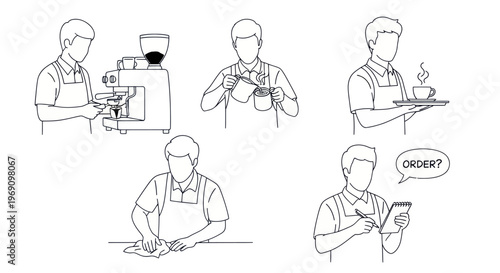 Barista Actions: Making Coffee, Serving, Cleaning, Taking Orders in Line Art