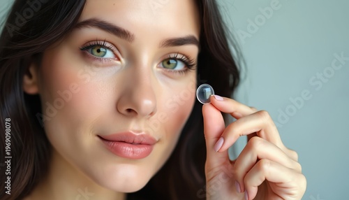 Woman holds contact lens near green eye. She prepares for vision correction with optical aid. Clean skin and natural beauty enhanced by careful eye care.