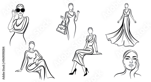 Fashionable Women Black And White Line Art Fashion Models