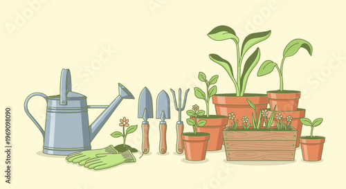Still life of gardening tools and potted plants on a pale background with a flat lay composition.
