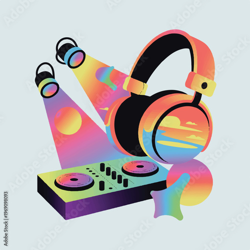 Dj set with headphones and spotlight effect, gradient, disc jockey, sound system, audio equipment, music production, party lights