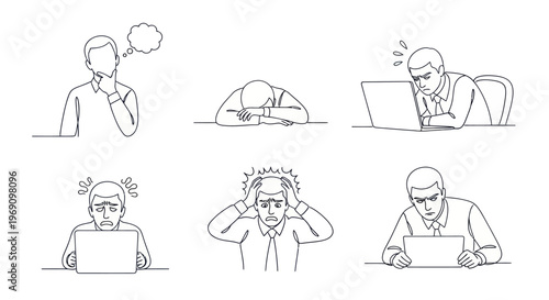 Line art set of stressed businessman thinking at laptop computer