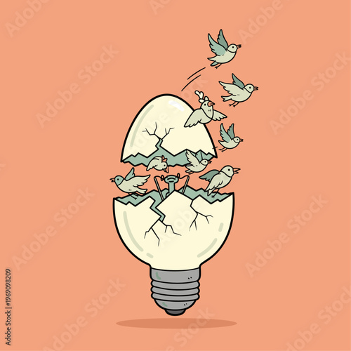 A creative illustration of birds flying out of a broken light bulb, symbolizing innovation and freedom.