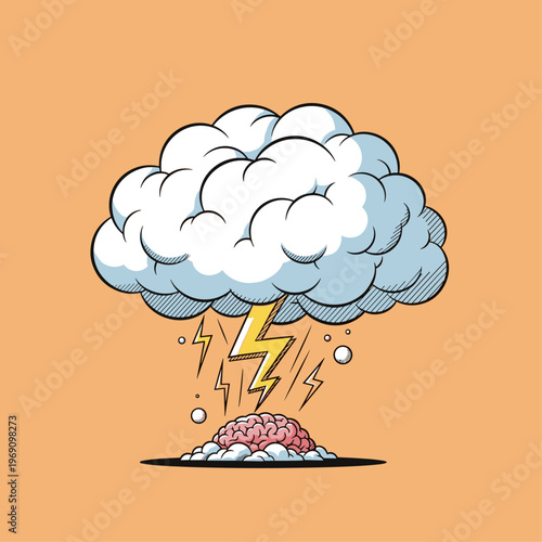 A creative illustration of a brain struck by lightning under a stormy cloud, symbolizing a brilliant idea or innovation.