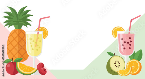 Tropical fruit illustration featuring juices, pineapple, and citrus slices arranged on a colorful, minimalist background.