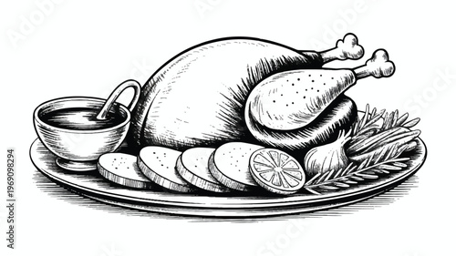 Hand-drawn sketch of roasted turkey with gravy and slices with black and white with home cooking with food styling with traditional food