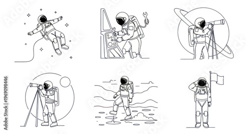 Astronauts in space: line art for space exploration, science, and technology