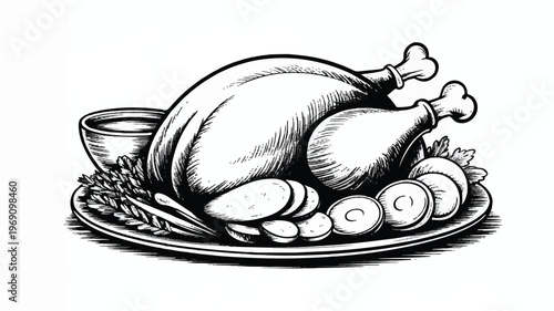 Hand-drawn roast chicken on a platter with vegetables and sauce with holiday food with home cooking with black and white