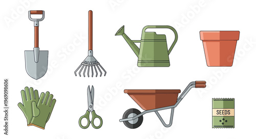 Flat illustration of gardening tools, equipment, and supplies