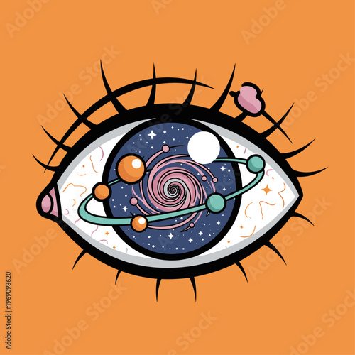 A creative illustration of an eye with a galaxy inside, conveying a sense of wonder and imagination.