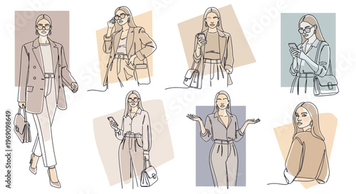 Elegant Women Fashion Line Art, Business Style, Vector Illustration