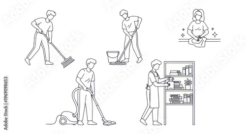 Black and White Line Art of People Cleaning and Organizing