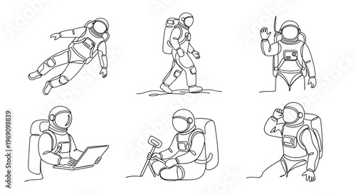 Astronauts in various poses, line art, space exploration theme