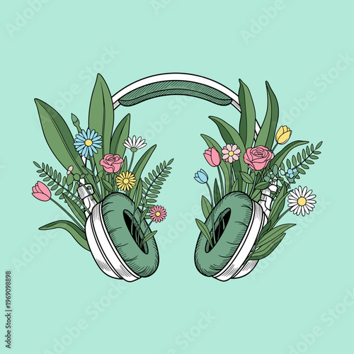 A vibrant illustration of green headphones adorned with a variety of colorful flowers and lush foliage, perfect for representing music and nature's ha