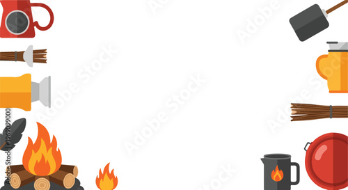 An illustration of camping gear including a campfire, mugs, and wood arranged around a central white space for text.