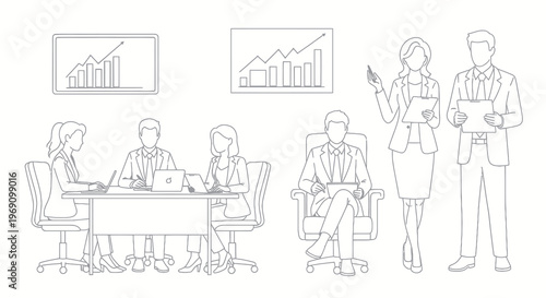 Business Meeting Line Art: Teamwork, Finance, Presentation
