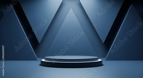 Modern minimalist stage with sleek circular platform and triangular background design