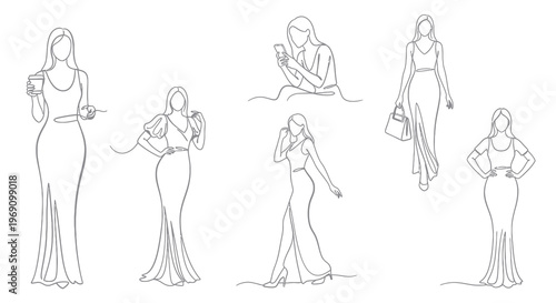 Elegant Women Line Art: Fashionable Female Figures in Evening Gowns