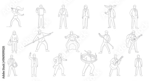 Diverse People Line Art: Musicians, Business, Action, Sports, Mexican Hat
