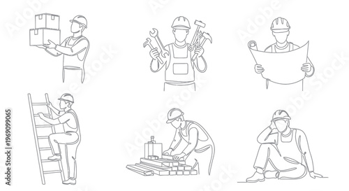 Construction workers line art: building, tools, blueprint, ladder, resting
