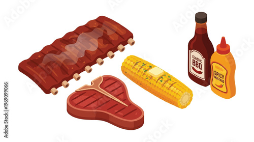 Barbecue ribs, steak, corn, and sauces illustration, food and drink, white background, food platter, outdoor cooking, main course, cut of meat