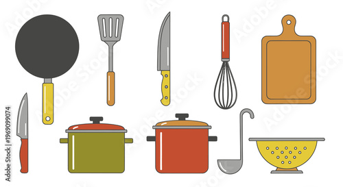Flat illustration of kitchenware, cooking utensils and pots, vector