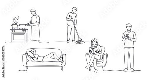 Black and White Line Art of People Doing Chores and Relaxing at Home
