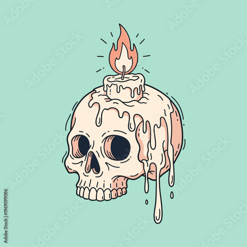 A melting skull with a candle on top, conveying a sense of eerie calmness and mystique, ideal for use in marketing and advertising materials.