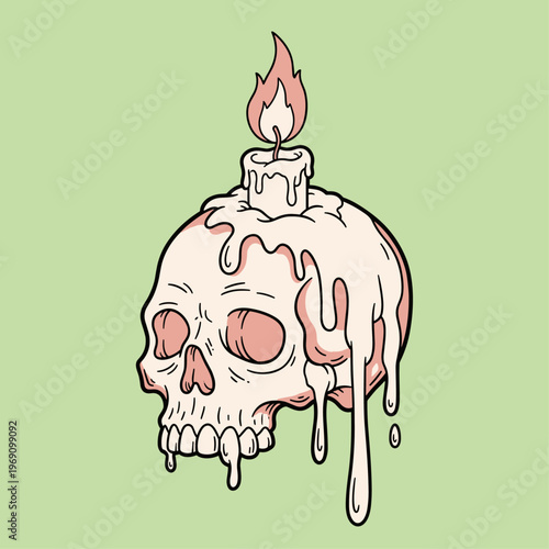 A melting skull with a candle on top, evoking a sense of eeriness and surrealism, perfect for Halloween or horror-themed designs.
