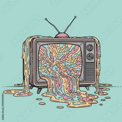 A surreal illustration of a melting old television set with colorful liquid flowing out, conveying a sense of decay and technological obsolescence.