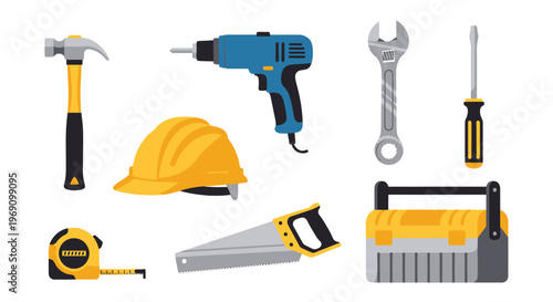 Flat Design Construction Tools Set - Hammer, Drill, Helmet, Saw, Wrench, Toolbox