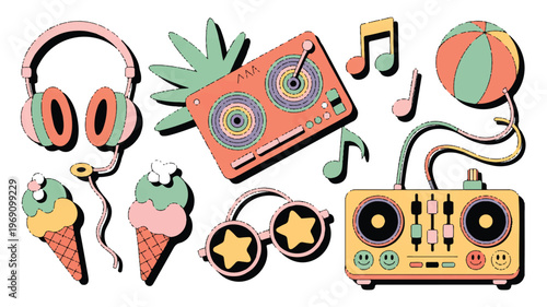 Retro summer party elements: dj gear, headphones, ice cream, and beach ball, dj equipment, music notes, sound system, graphic design, dj set