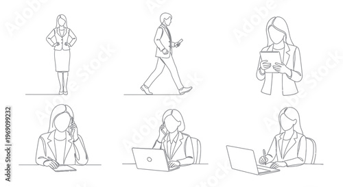 Businesswoman Line Art Icons Set, Professional People in Office, Vector