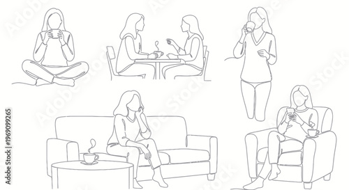 Woman drinking coffee line art, relax, lifestyle, simple vector