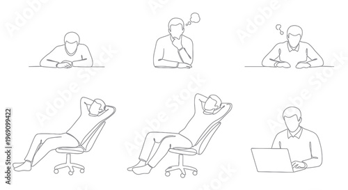 Man thinking, relaxing, working on laptop - Line Art Stock Illustration
