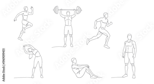 Fitness Line Art: People Exercising - Running, Weightlifting, Stretching, Sit-ups