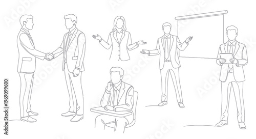 Business Meeting Line Art: Handshake, Presentation, Discussion, Technology