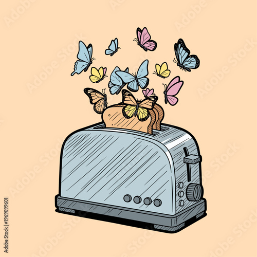 A whimsical illustration of a toaster with colorful butterflies emerging from it, conveying a sense of freedom and joy.