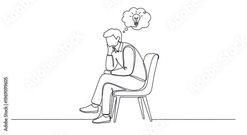 Thinking man in chair with idea lightbulb cloud line art