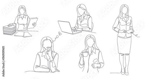 Businesswoman line art: office work, thinking, coffee, laptop, standing