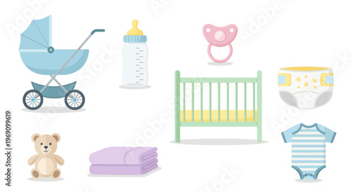 Baby Items Flat Vector Illustration - Pram, Crib, Diaper, Bottle