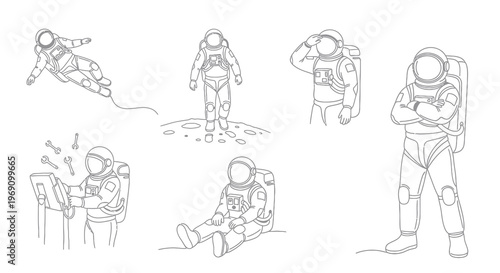 Astronaut Line Art Set - Space Exploration and Science