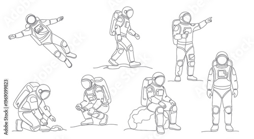 Black and White Line Art Astronauts in Space Suits Poses