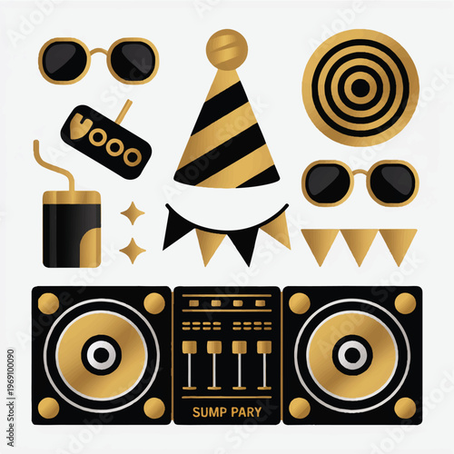 Golden and black party celebration elements with party hat with record player with cocktail glasses with party popper with disco ball